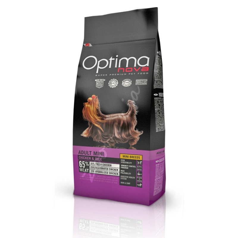 Optima Nova Dog Adult Mini Chicken & Rice - суха храна за йоркшир териер, мопс, чихуахуа и други дребни породи кучета
