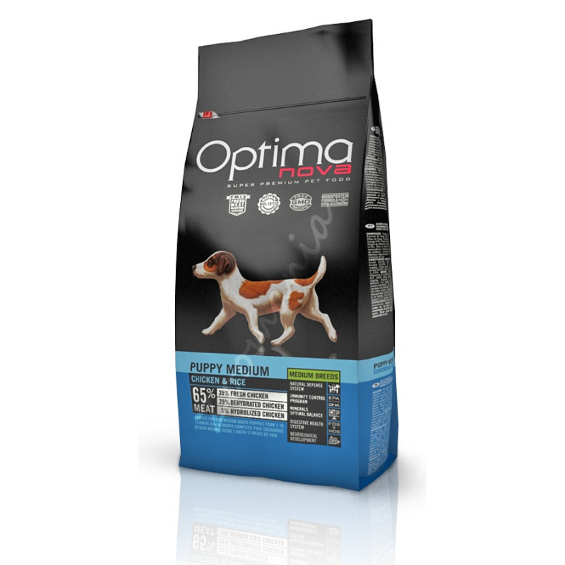 Optima Nova Puppy Medium Chicken & Rice 12 кг - суха храна за джак ръсел, френски булдог, пудел и други средно едри породи