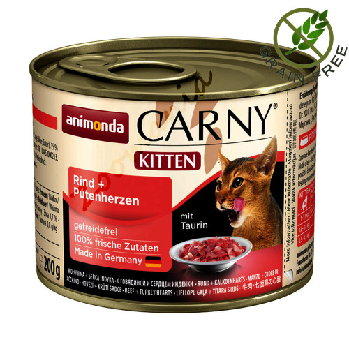 Консервирана котешка храна от висок клас Carny® Kitten Говеждо и Пуешки Сърца - 200 гр
