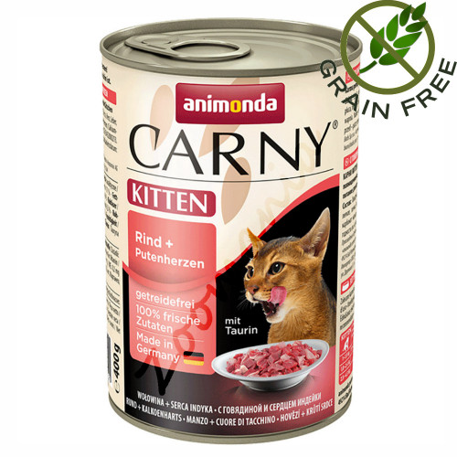 Качествена консервирана храна за котенца Carny® Kitten Говеждо и Пуешки Сърца - 400 гр