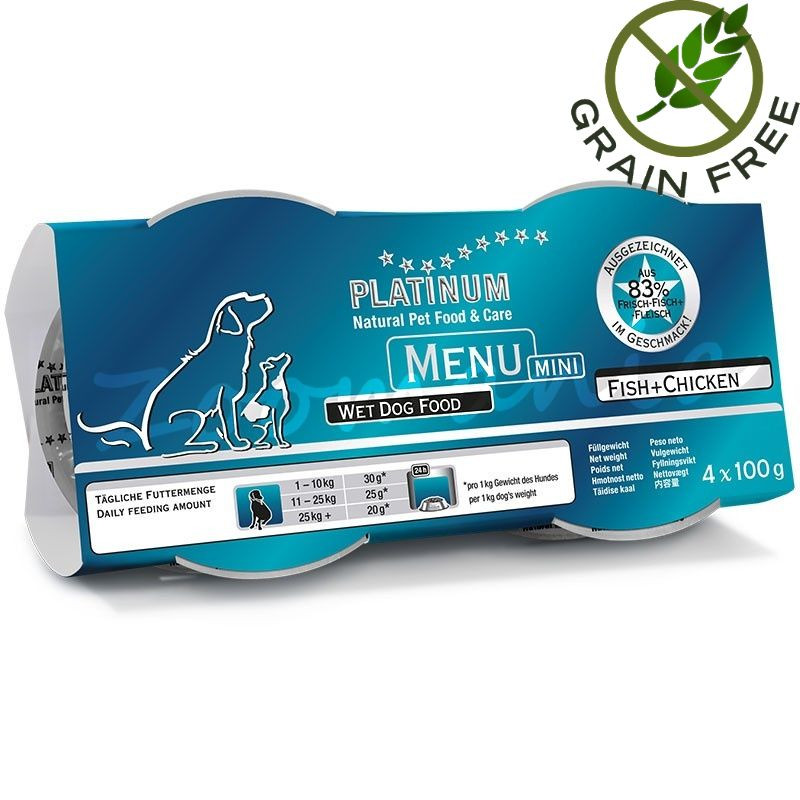 Храна за кучета с ултра премиум качество - Задушено месо „Platinum Menu Mini Fish & Chicken“ - 4 x 100 гр