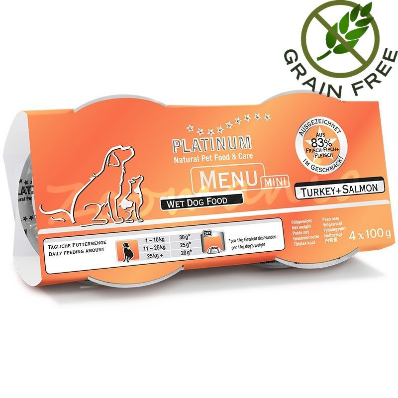 Храна за кучета с ултра премиум качество - Задушено месо „Platinum Menu Mini - Turkey & Salmon“ - 4 x 100 гр