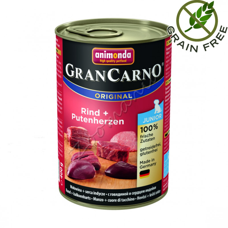 Храна за кученца със супер премиум качество Консерва GranCarno® Junior Говеждо с пуешки сърца - 400 гр