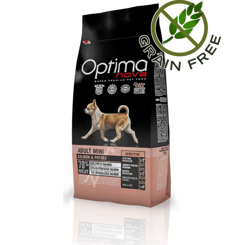 Първокачествена храна за кучета без глутен Optima Nova Dog Adult Mini Sensitive Salmon & Potato - 800 гр