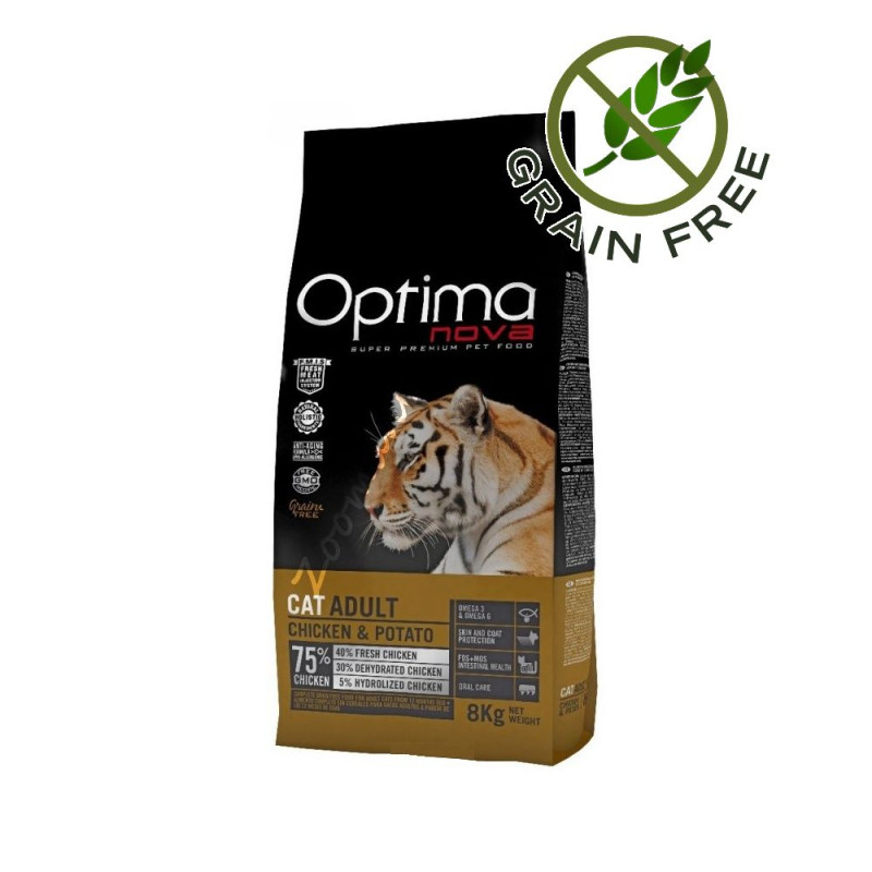 Висококачествена Grain Free храна за котки без глутен - Optima Nova "Cat Adult Пиле с картофи" - 2 кг