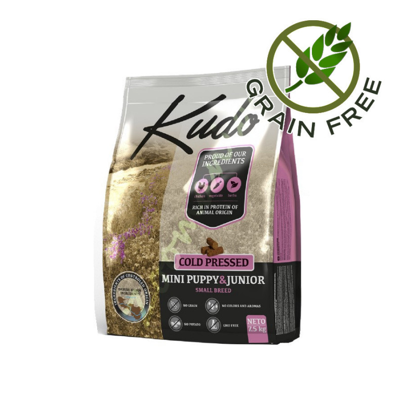 Супер качествена храна за кученца от малки породи Kudo Grain Free Mini Puppy & Junior - 7.5 кг