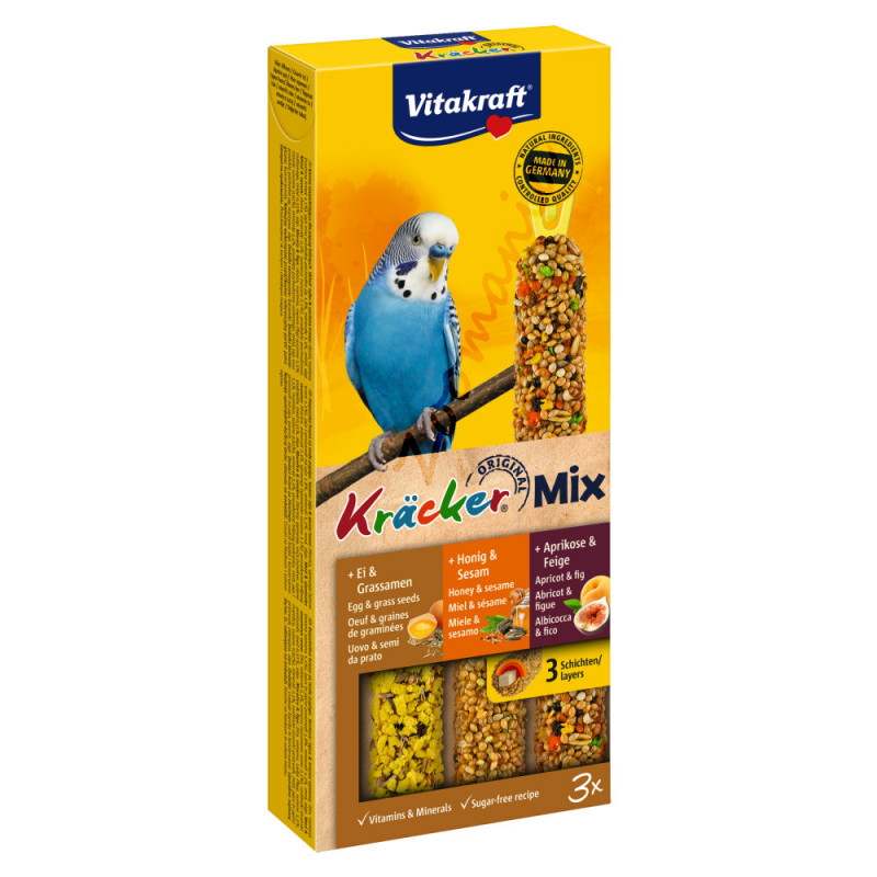 Вкусно лакомство за вълнисти папагалчета Vitakraft Крекер Микс - Мед и сусам, Кайсия и смокиня, Яйца и тревни семена