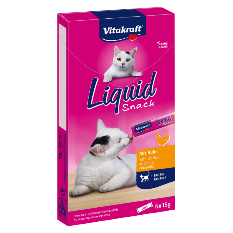 Качествено течно лакомство за котка Vitakraft Liquid Snack с пилешко + таурин за здрави сърце и очи