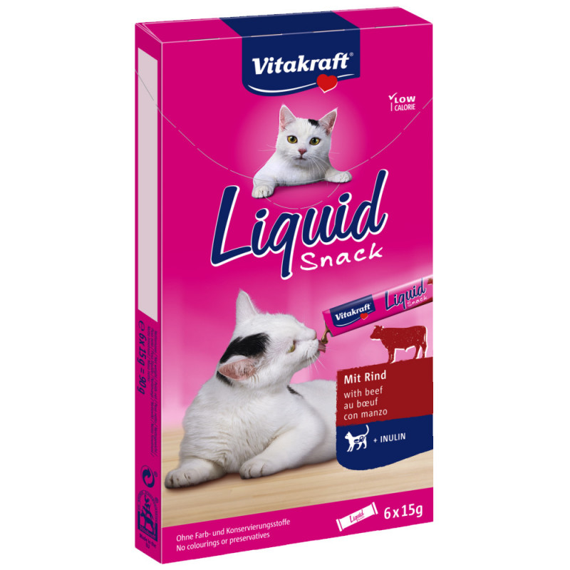 Качествено течно лакомство за котки Vitakraft Liquid Snack с говеждо за здравословна чревна флора