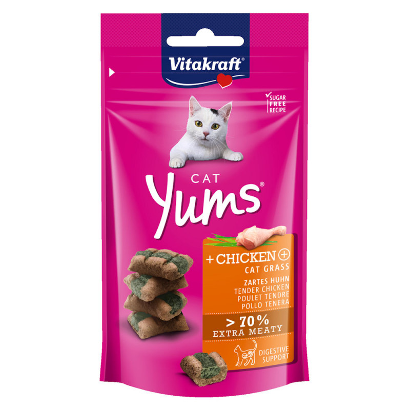 Вкусно и сочно лакомство за котки Vitakraft Cat Yums® меки хапчици с пилешко и котешка трева - 40гр