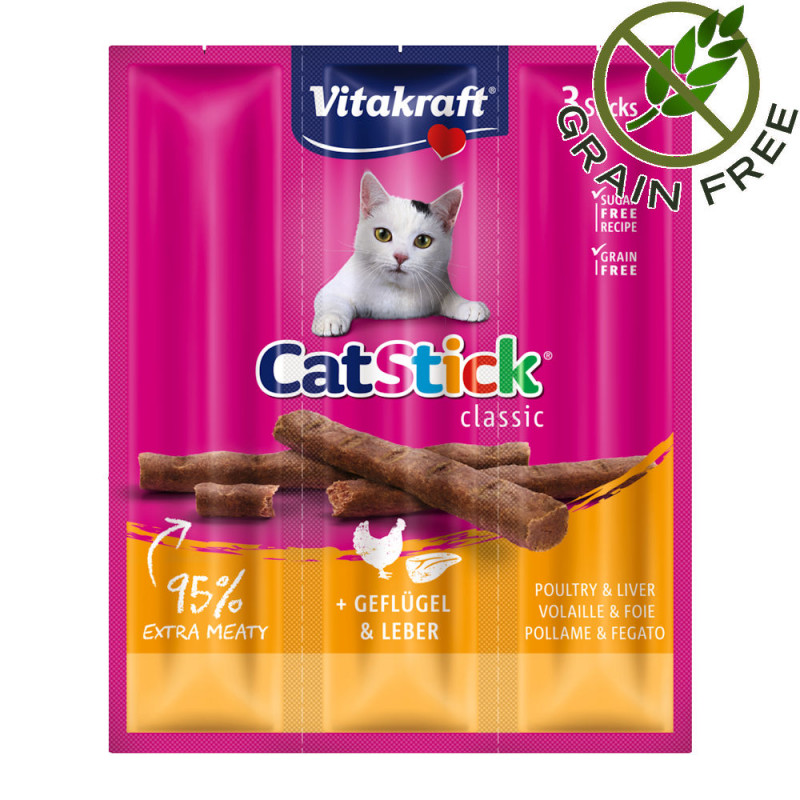 Лакомство за котки с 95% месо Vitakraft Cat Stick® саламчета с пилешко и дробчета - 3 бр.