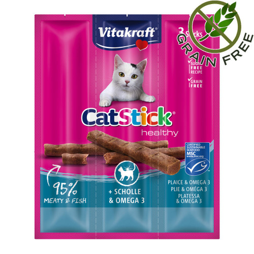 Качествено лакомство за котки с 95% месо Vitakraft Cat Stick® саламчета с камбала и Ω-3 - 3 бр.