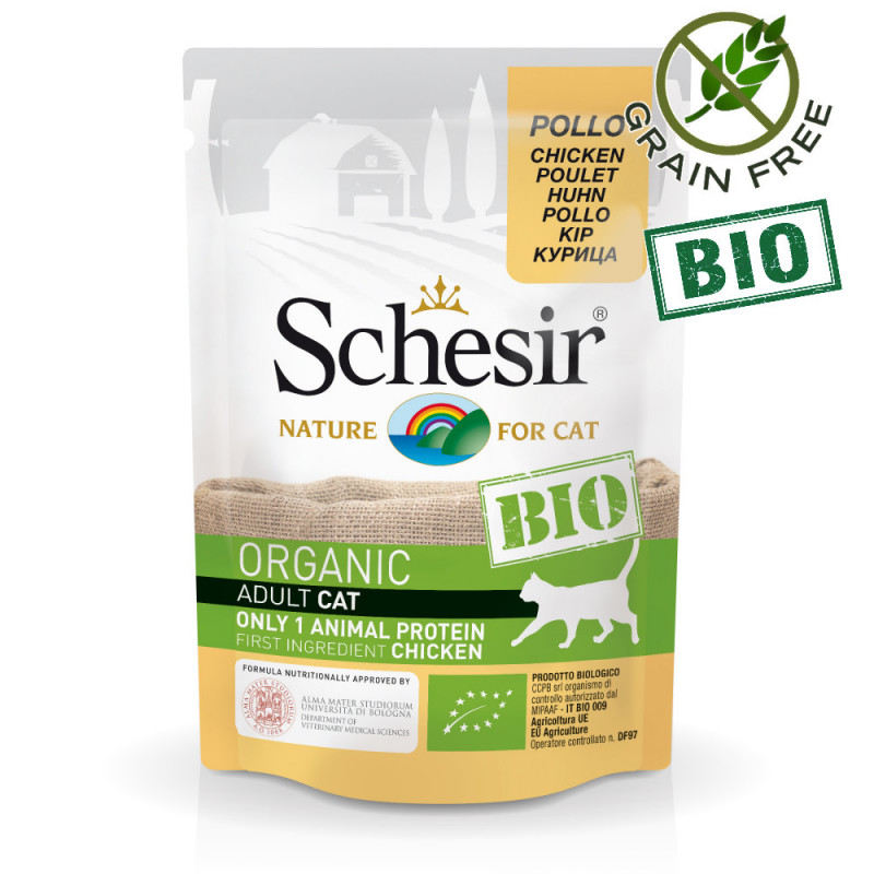 Schesir Cat Bio Chicken  - био пауч за котки 100% пилешко.  Органична храна с ултра премиум качество!