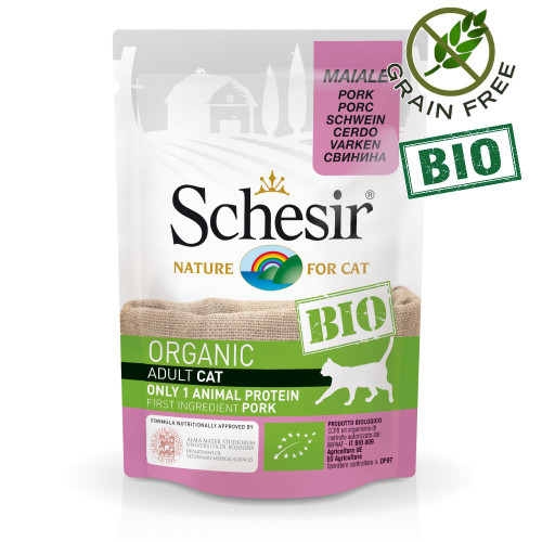 Schesir Cat Bio Pork - пауч за котки 100% свинско. Органична храна с ултра премиум качество!