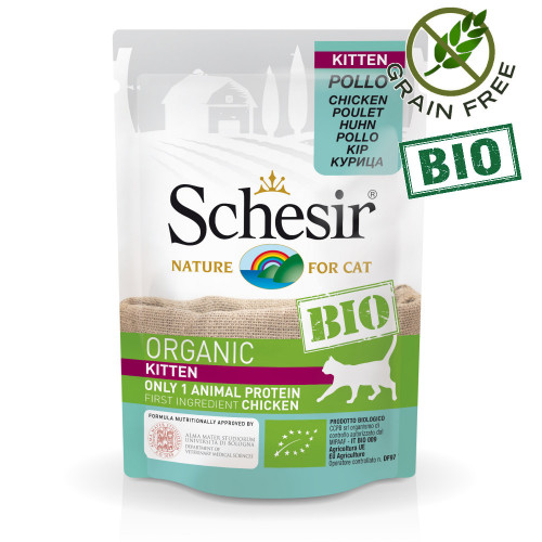 Schesir Kitten Bio Chicken - пауч за отбити котенца 100% пилешко. Био сертифицирана храна с ултра премиум качество!