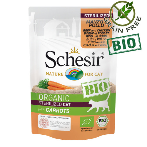 Schesir Cat Bio Chicken & Beef with Carrots - диетичен био пауч за котки. Ултра премиум качество!