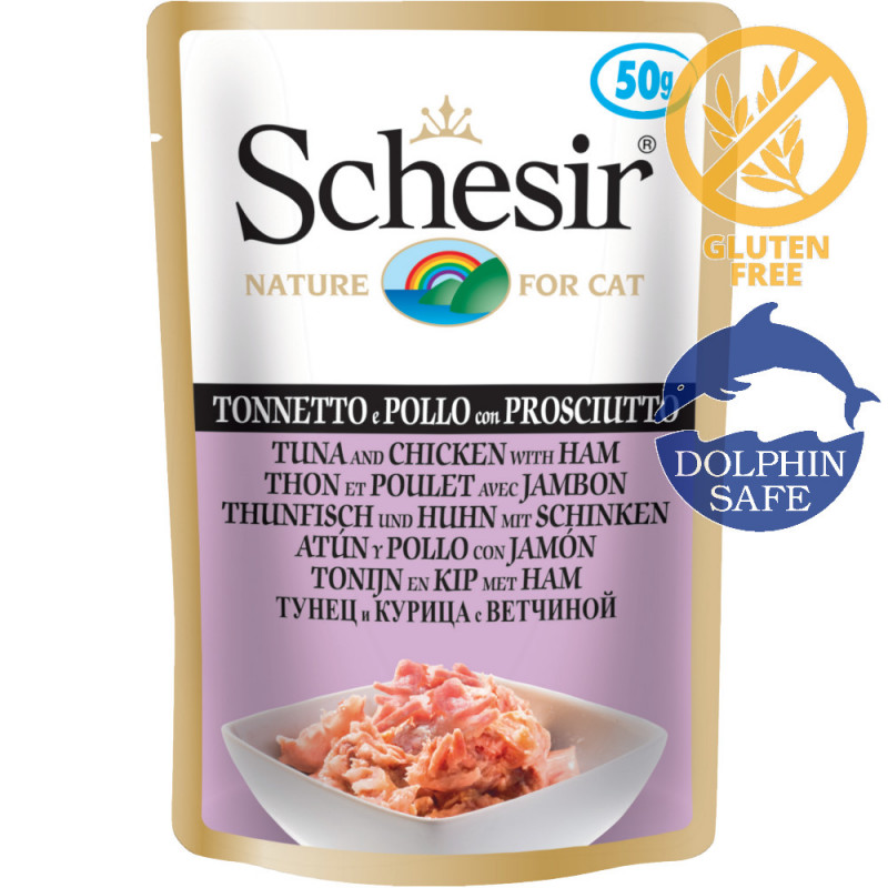 Schesir Cat Tuna & Chicken with Ham - котешки пауч с риба тон, пиле и шунка. Супер премиум качество!