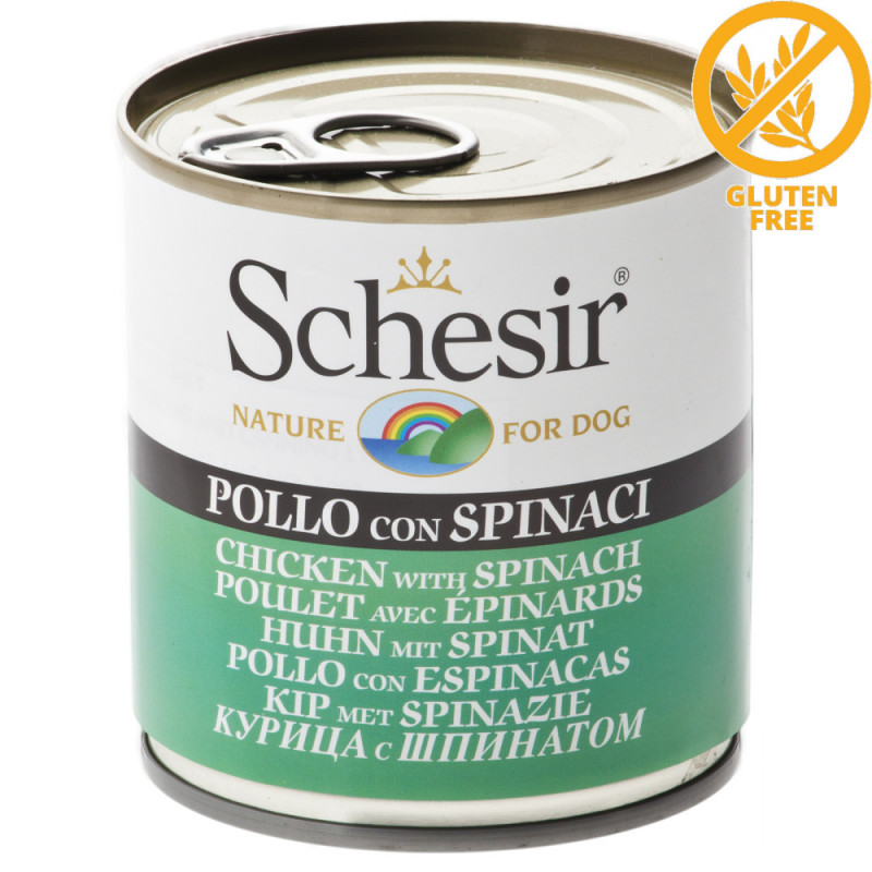 Schesir Dog Chicken with Spinach 285гр - консерва за кучета с пилешко месо и спанак. Супер премиум качество!