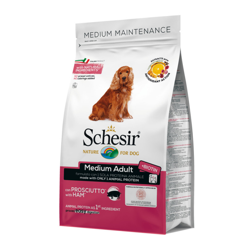 Schesir Medium Dog with Ham 12 кг - суха храна за кучета със свинска шунка. Храната Шезир е със супер премиум качество!
