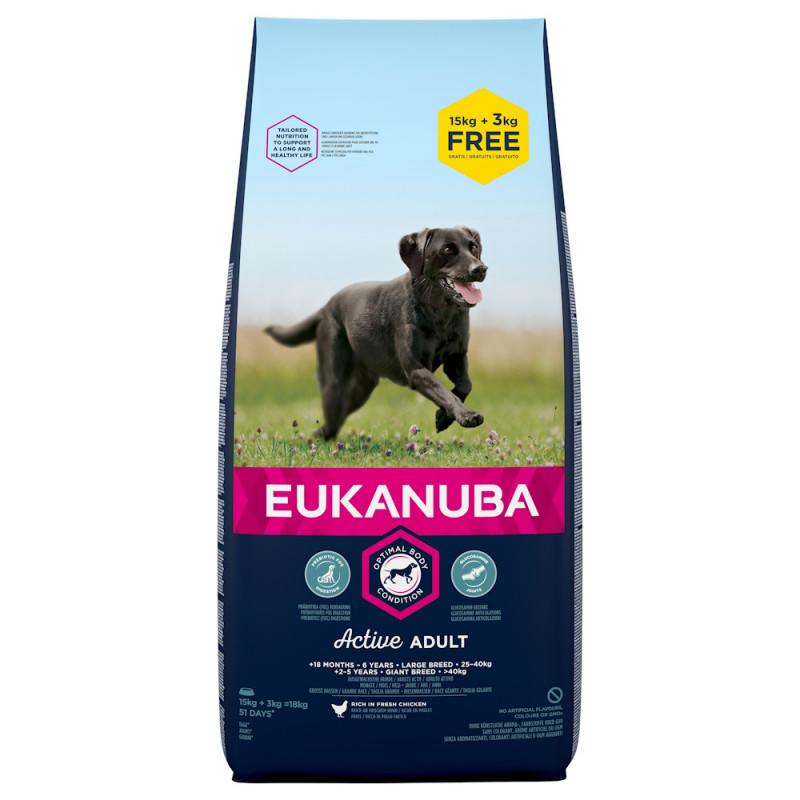 Храна за кучета от едри и гигантски породи Eukanuba Dog Adult Large - 15 + 3кг гратис