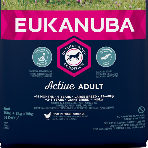 Храна за кучета от едри и гигантски породи Eukanuba Dog Adult Large - 15 + 3кг гратис