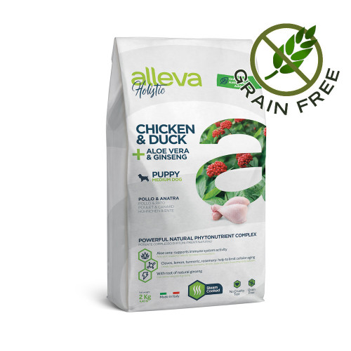 Холистична храна за кученца от средни породи Alleva® Holistic "Chicken & Duck + Aloe Vera & Ginseng" Puppy Medium - 2.00kg