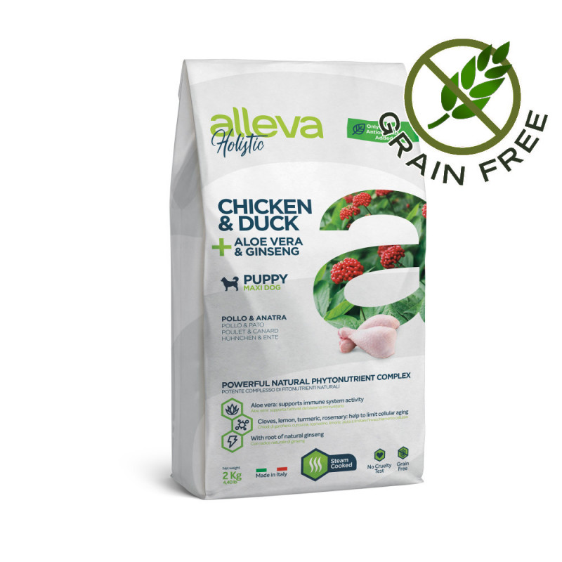 Холистична храна за кученца от големи породи Alleva® Holistic "Chicken & Duck + Aloe Vera & Ginseng" Puppy Maxi - 2.00kg