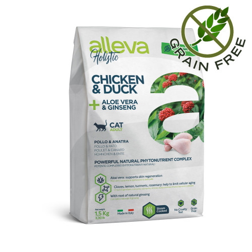 Холистична храна за котки с женшен и алое вера Alleva® Holistic "Chicken & Duck + Aloe Vera & Ginseng" Cat - 1.5kg