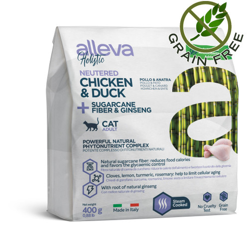 Alleva® Holistic "Chicken & Duck + Aloe Vera & Sugarcane" Neutered Cat - 0.400kg