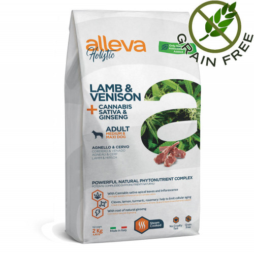 Холистична храна за кучета от едри и средни породи Alleva® Holistic "Lamb & Venison + Cannabis Sativa & Ginseng" - 2kg