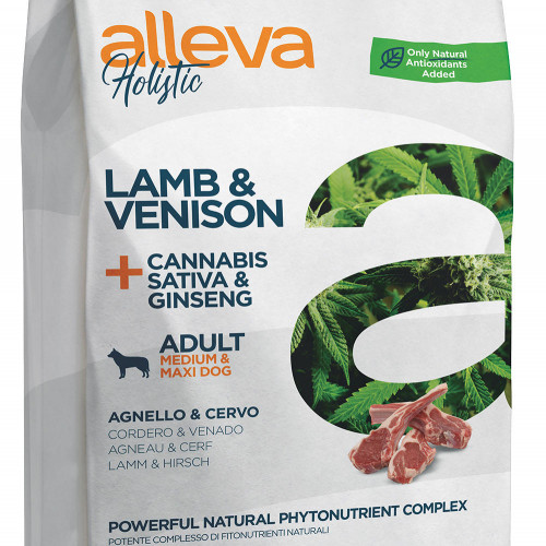 Холистична храна за кучета със CDB масло от канабис Alleva® Holistic &quot;Lamb &amp; Venison + Cannabis Sativa &amp; Ginseng&quot; - 2kg