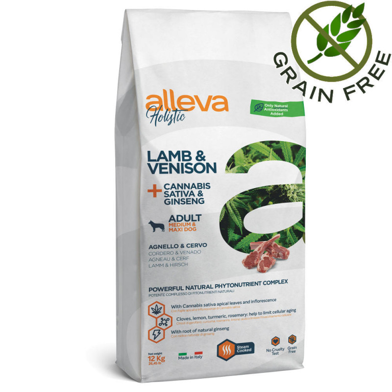 Холистична храна за кучета Alleva® Holistic "Lamb & Venison + Cannabis Sativa & Ginseng" Adult Dog Medium/Maxi - 12kg