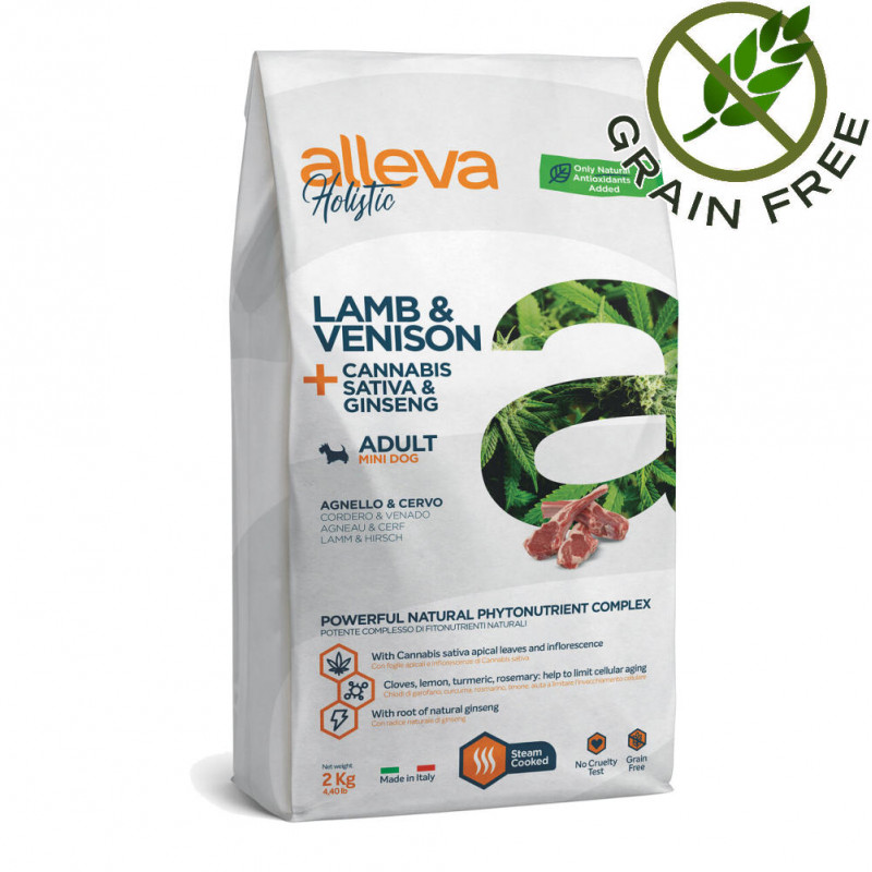 Холистична храна за кучета Alleva® Holistic "Lamb & Venison + Cannabis Sativa & Ginseng" Adult Dog Mini - 2kg