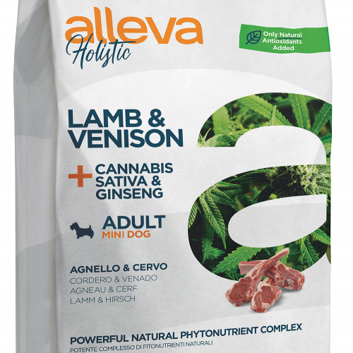 Холистична храна за кучета със CDB масло от канабис Alleva® Holistic &quot;Lamb &amp; Venison + Cannabis Sativa &amp; Ginseng&quot; Adult Dog Mini