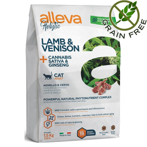 Холистична храна за котки с агнешко и еленско Alleva® Holistic "Lamb & Venison + Cannabis Sativa & Ginseng" Cat - 1.5kg