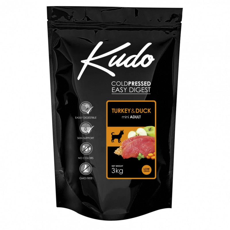 Студено пресована храна за кучета от мини породи Kudo Low Grain Turkey & Duck - Adult Dog Mini 3kg