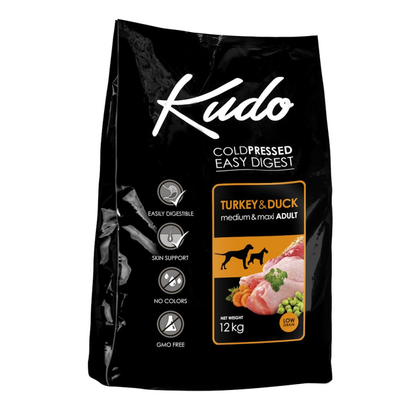 Студено пресована храна за кучета от средни и големи породи Kudo Low Grain Turkey & Duck - Adult Dog Medium & Maxi 12kg