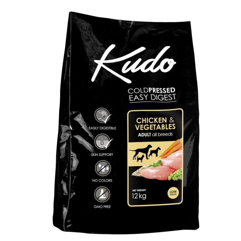 Студено пресована храна за кучета Kudo Low Grain Chicken - Adult Dog 12kg + 3 гратис