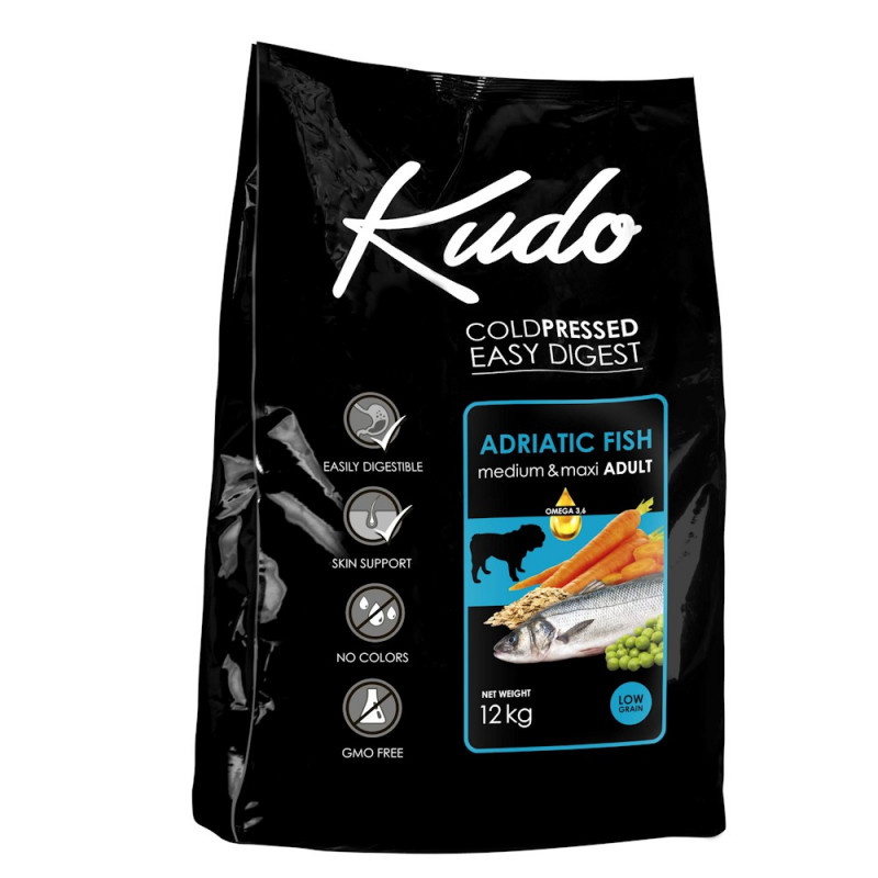 Студено пресована храна за кучета от средни и големи породи Kudo Low Grain Adriatic Fish - Adult Dog Medium & Maxi 12kg