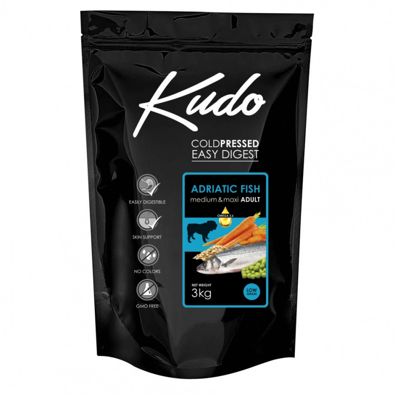 Студено пресована храна за кучета от средни и големи породи Kudo Low Grain Adriatic Fish - Adult Dog Medium & Maxi 3kg