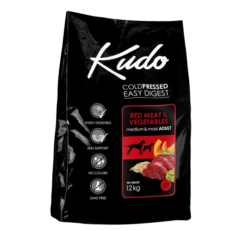 Студено пресована храна за кучета от средни и големи породи Kudo Low Grain Red Meat - Adult Dog Medium & Maxi 12kg + 3 гратис