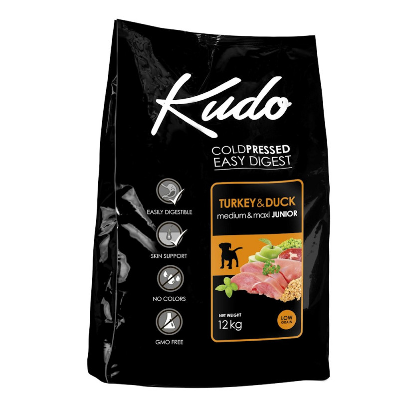 Студено пресована храна за кученца от средни и големи породи Kudo Low Grain Turkey & Duck - Puppy Medium & Maxi 12kg + 3 гратис