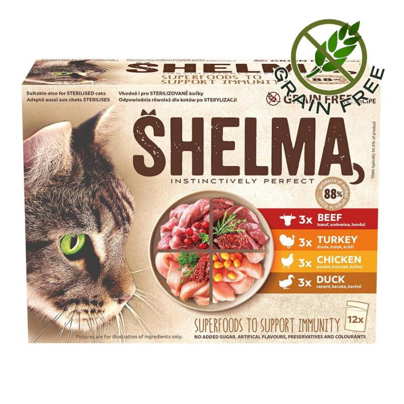 Shelma Cat - пауч за котки с 88% задушено месо различни видове (12 х 85 гр)