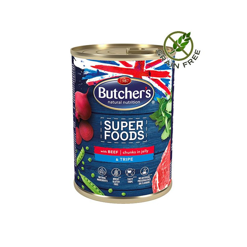 Консерва за кучета с хапки от говеждо и шкембе Butcher's Dog Superfoods Beef & Tripe Chunks - 400 гр