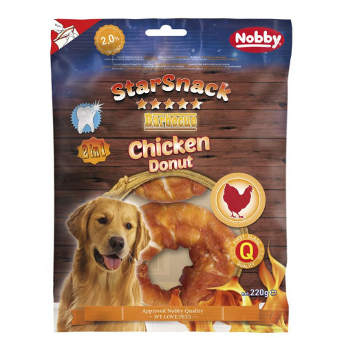 Натурално лакомство за кучета - поничка от пилешко и телешка кожа StarSnack BBQ Donut Chicken 110 гр