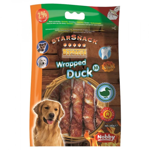Натурално лакомство за кучета  от патешко месо и телешка кожа StarSnack BBQ Wrapped Duck - 140 гр (M - 13 см)