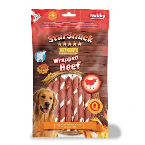 Натурално лакомство за кучета  от говеждо месо и телешка кожа StarSnack BBQ Wrapped Beef - 70 гр