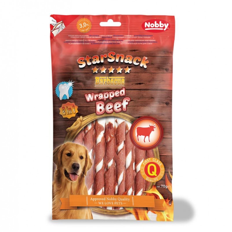 Натурално лакомство за кучета  от говеждо месо и телешка кожа StarSnack BBQ Wrapped Beef - 70 гр