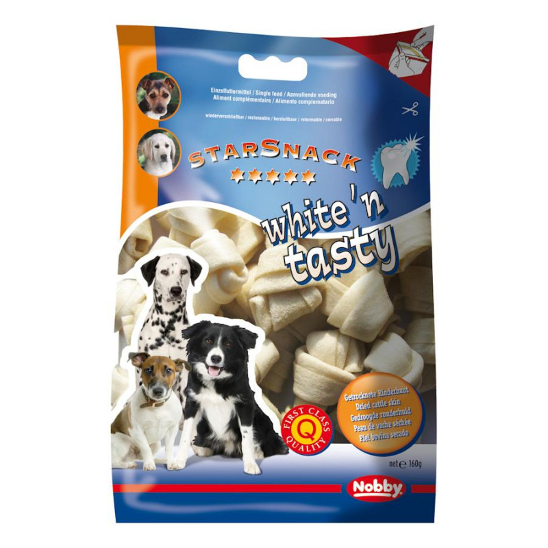 Натурално лакомство за кучета от 100% телешка кожа StarSnack White 'n Tasty "Вързани кокалчета" - 160 гр / 6.5-7.5 см / 15 бр.