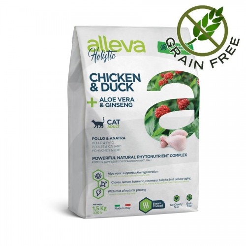 Холистична храна за котки с алое вера и женшен Alleva® Holistic "Chicken & Duck + Aloe Vera & Ginseng" Cat - 10kg
